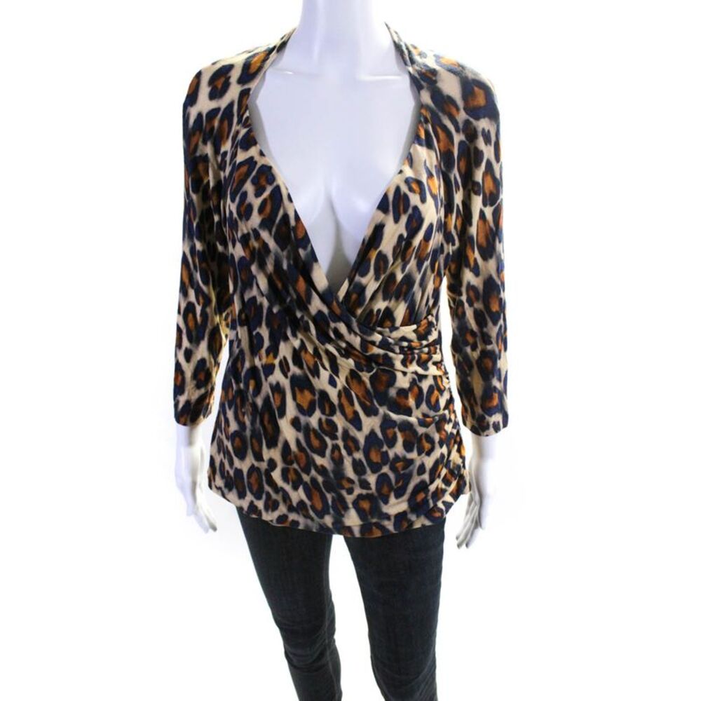 Lafayette 148 New York Womens V Neck Leopard Print Blouse Top Brown Size Large